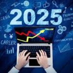 Notebook exibindo gráficos de crescimento para 2025 sobre fundo azul com ícones de negócios, representando o planejamento estratégico e as projeções financeiras realizadas pela Liz Consultoria em Campinas-SP.