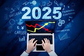 Notebook exibindo gráficos de crescimento para 2025 sobre fundo azul com ícones de negócios, representando o planejamento estratégico e as projeções financeiras realizadas pela Liz Consultoria em Campinas-SP.