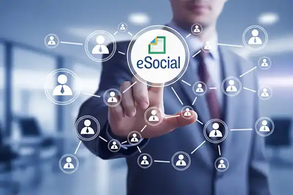 Logomarca do eSocial conectada a ícones de gestão de pessoas, simbolizando a assessoria contábil da Liz Consultoria em Campinas-SP para o envio de obrigações trabalhistas e previdenciárias.