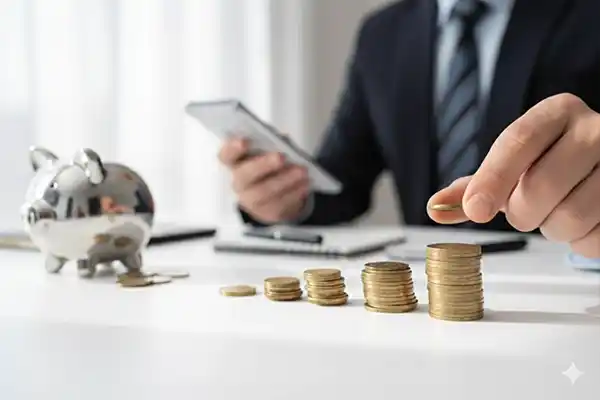 Detalhe de mão colocando moeda em cofrinho prateado ao lado de pilhas de moedas e celular, simbolizando a economia e recuperação de tributos gerada pela Liz Consultoria em Campinas-SP.