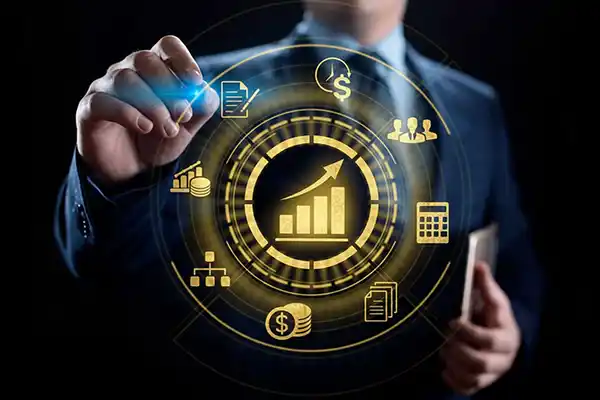 Profissional interagindo com interface digital holográfica exibindo ícones de finanças, gráficos de crescimento e calculadora, representando a contabilidade digital da Liz Consultoria em Campinas-SP.